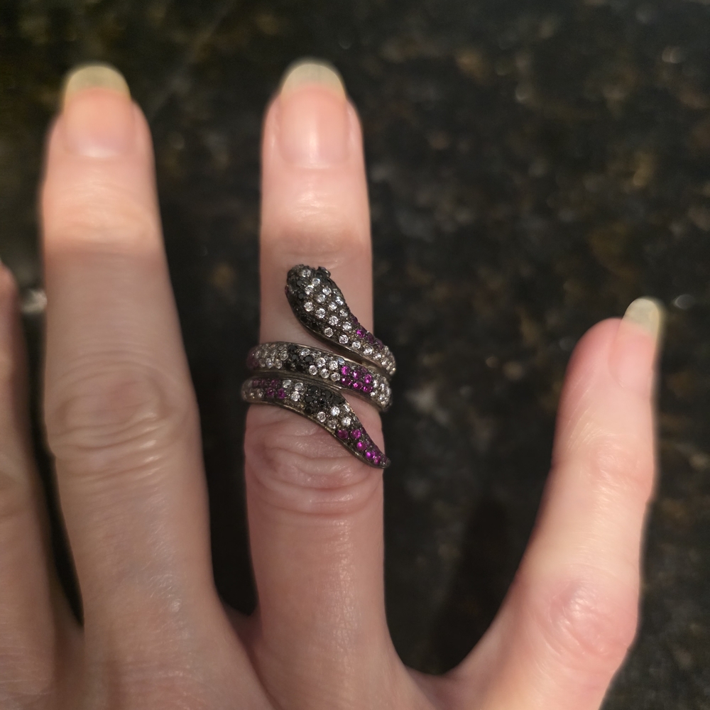 Solid 925 Silver Snake Ring With White/Black/Pink… - image 1